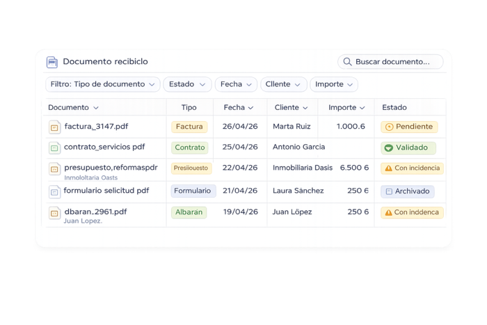 Custom document analysis system showing searches, filters, and quick access to file information