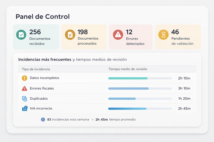 Custom document analysis system with metrics for volume, detected errors, and processed documents