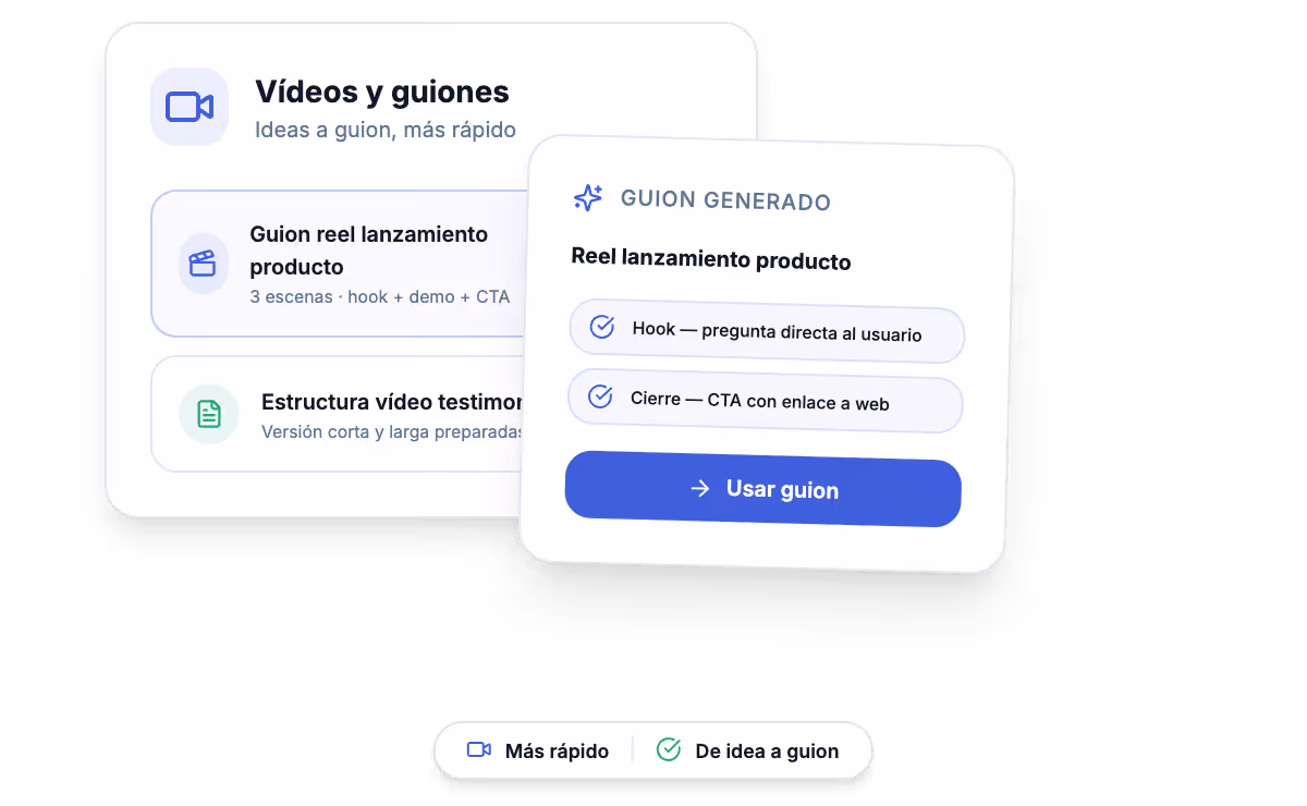 Sistema de creación de contenido a medida generando ideas, guiones y variantes de vídeo para campañas y redes sociales.