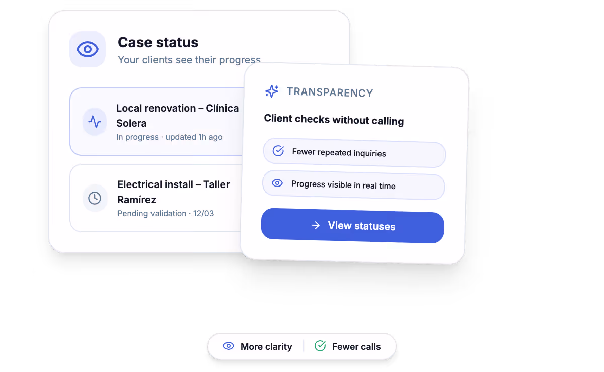 Client portal showing tracking of services, orders or projects.