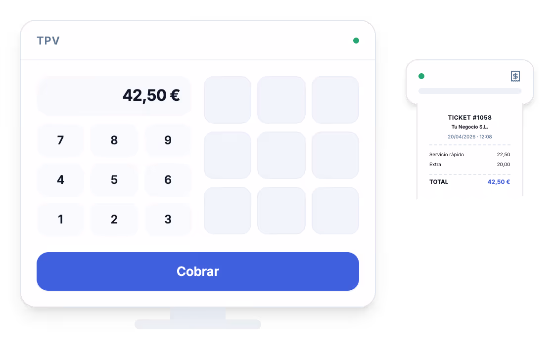 TPV a medida mostrando cobros, tickets y ventas en un punto de venta físico.