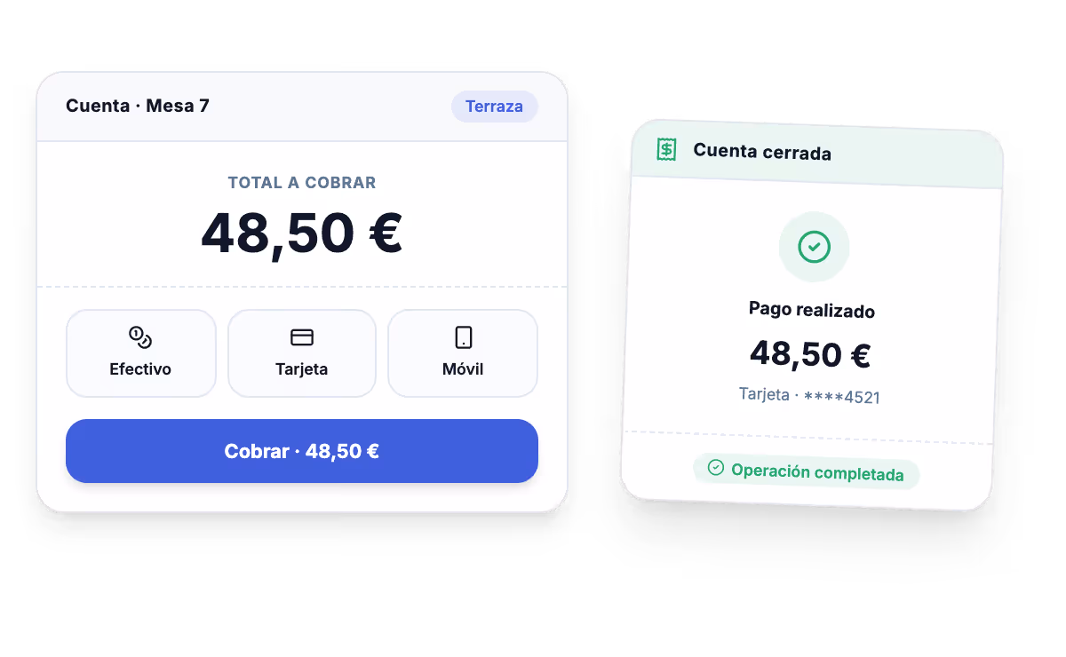 TPV para bares y restaurantes mostrando pago completado en cuenta cerrada