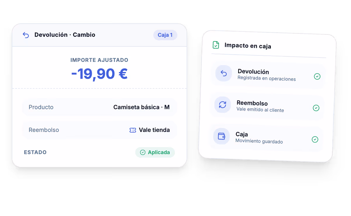 Pantalla de TPV para tienda con cambios, devoluciones, descuentos y cierre de caja