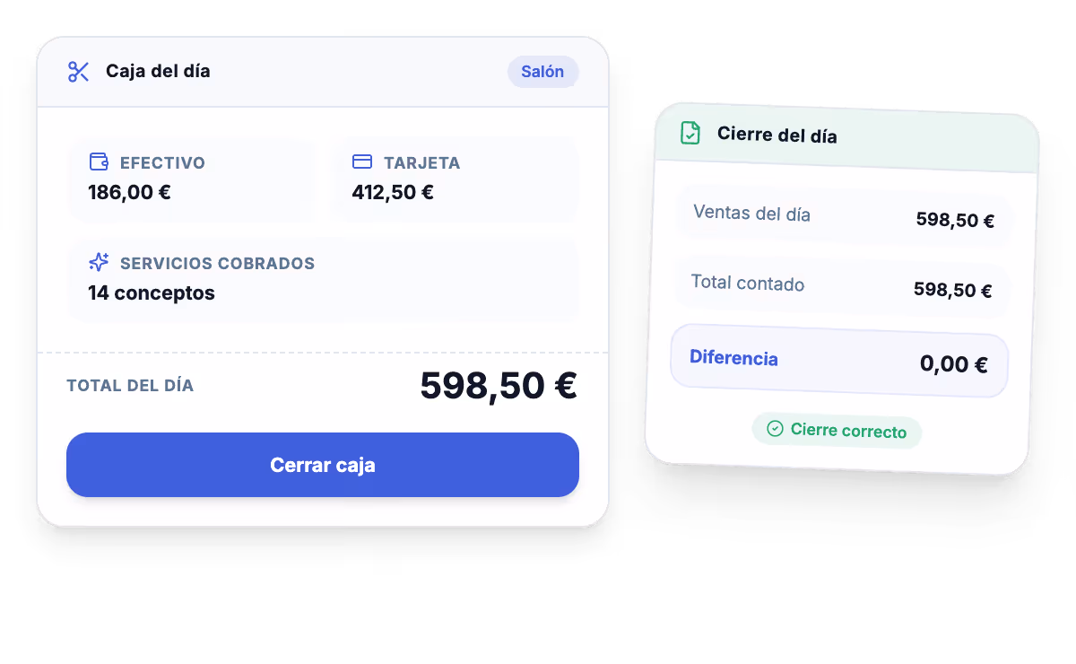 Pantalla de TPV para peluquería con tickets, cobros, caja y cierre diario
