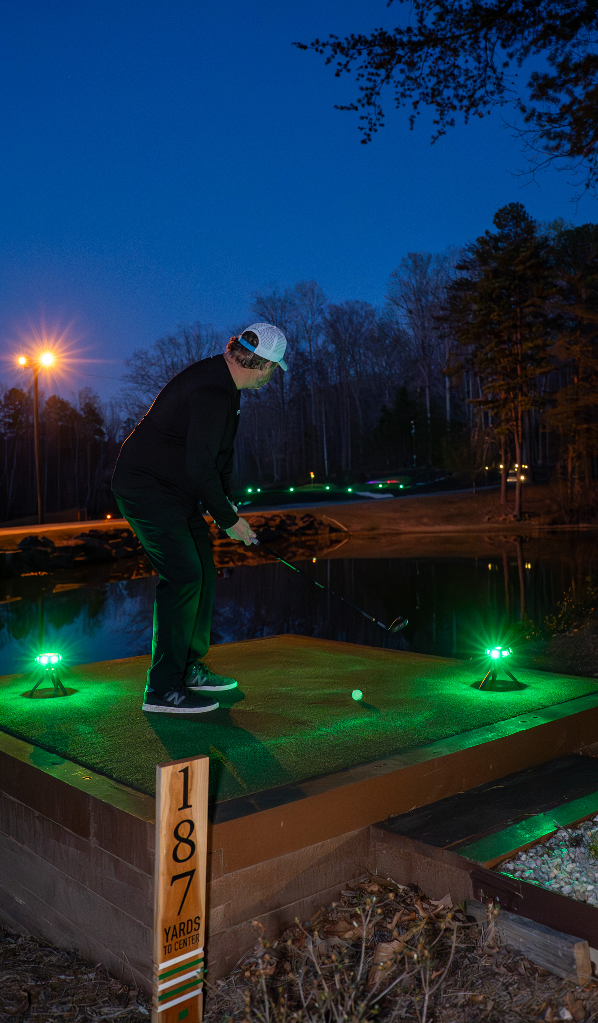 Glow putting course illuminated with neon LED lighting at night