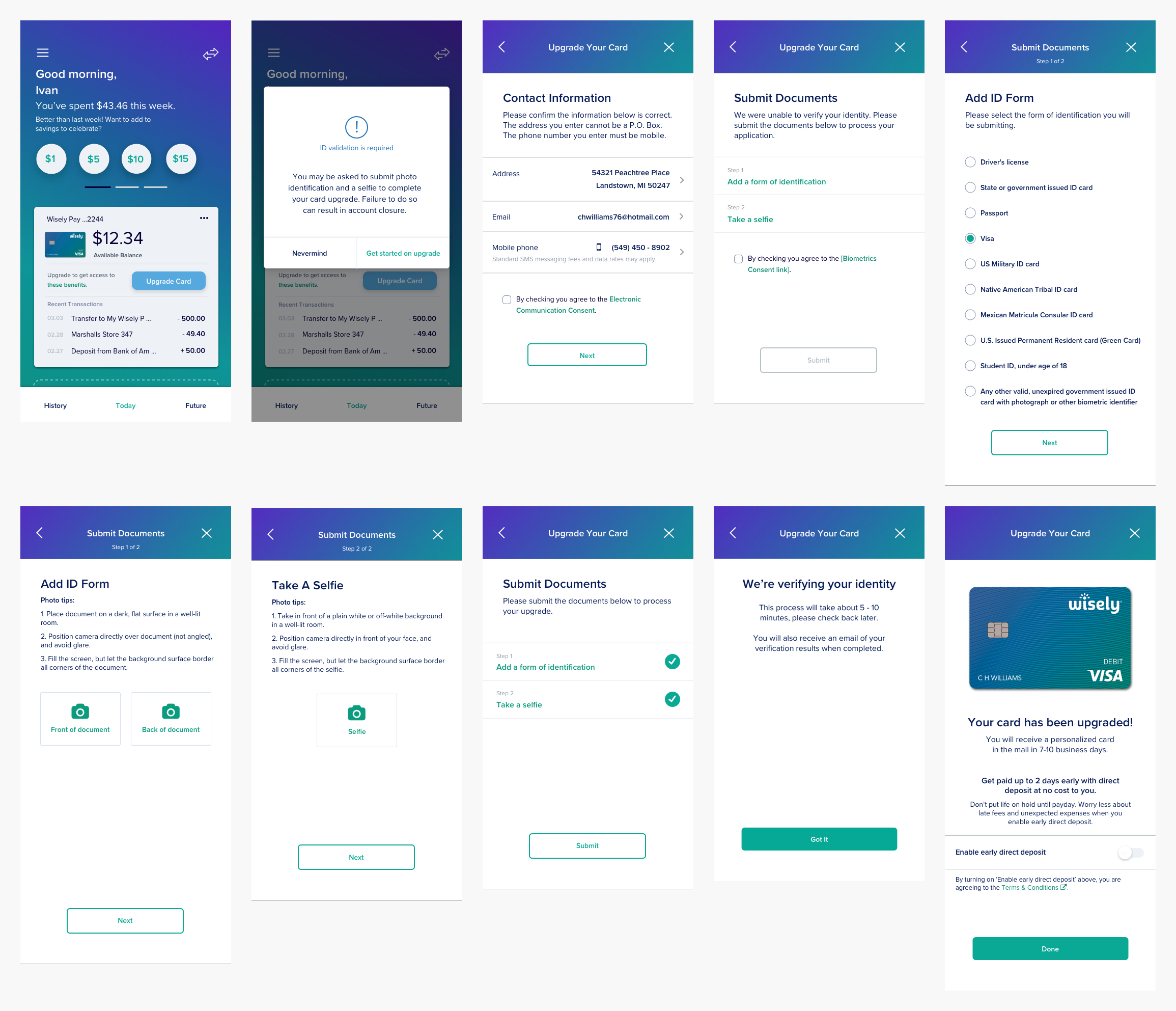 Wisely Pay self upgrade & identity verification mobile mockups