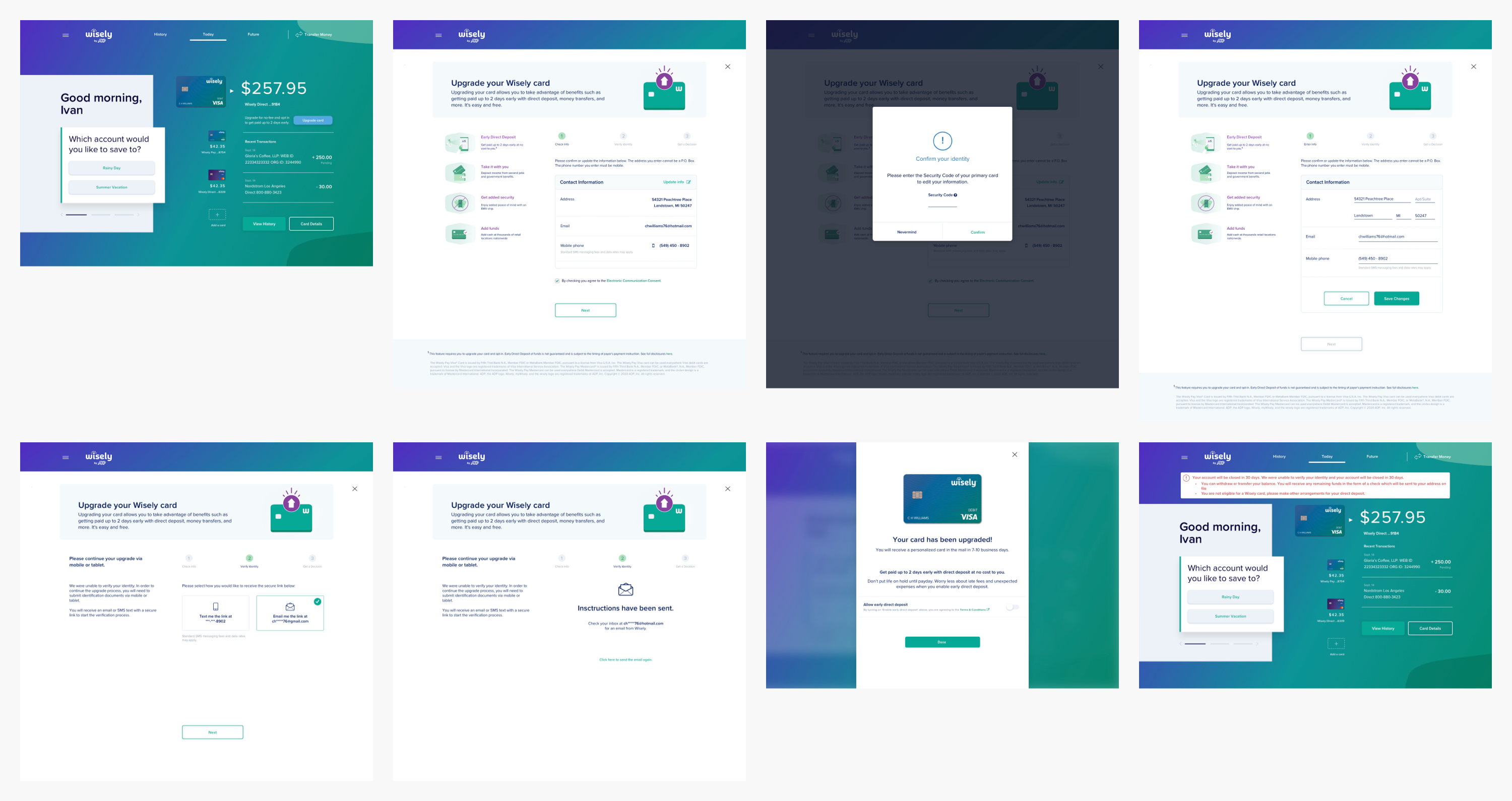 Wisely Pay self upgrade & identity verification desktop mockups