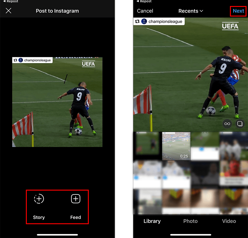Reposting a video on Instagram Feed