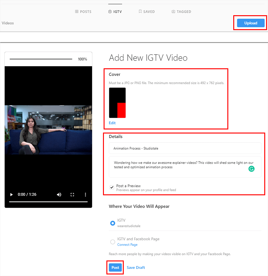 Uploading a video to IGTV from Desktop