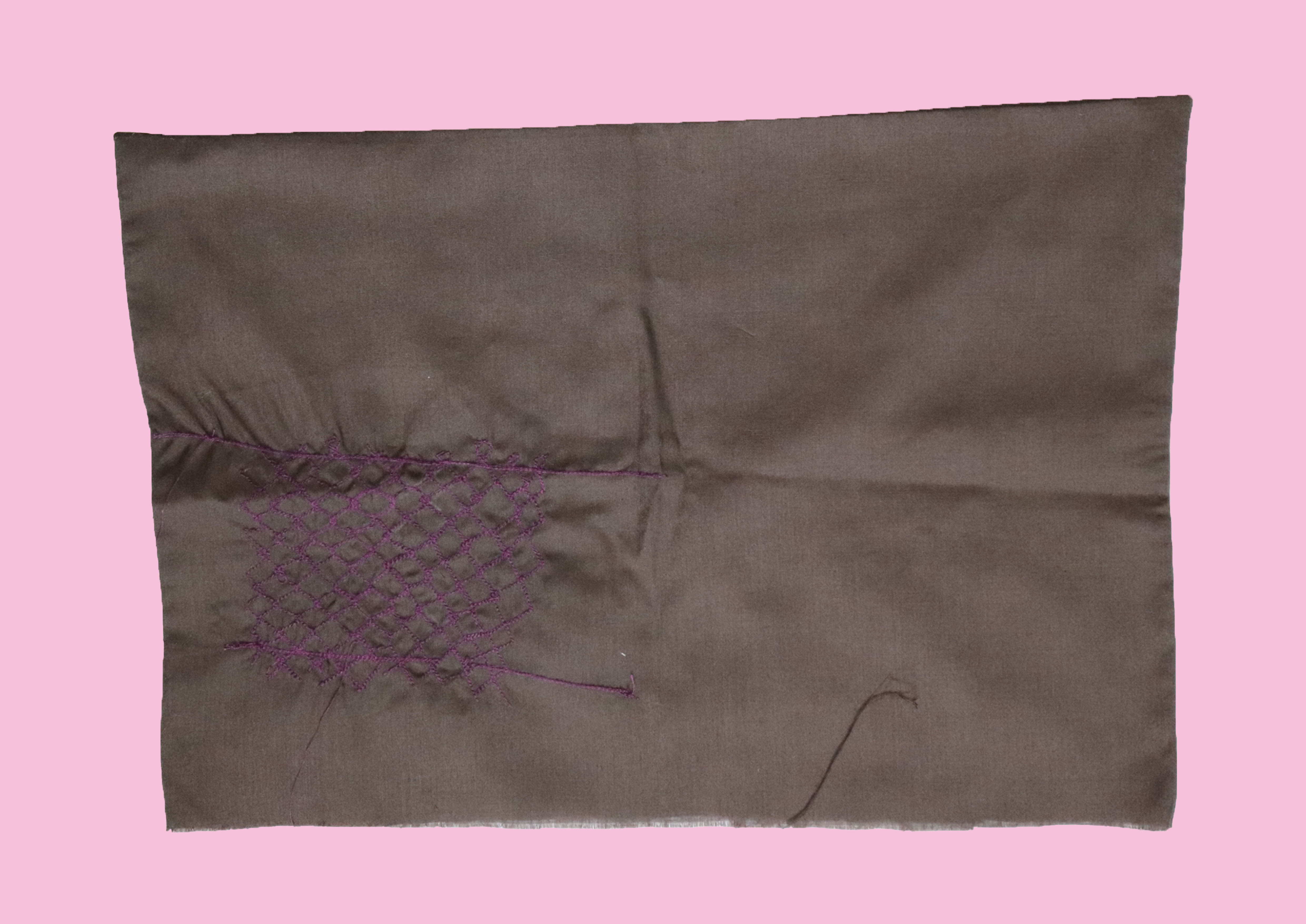 Brown material, purple embroidery