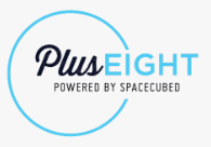 Plus Eight logo with text Powered by Spacecubed inside a blue circular outline.