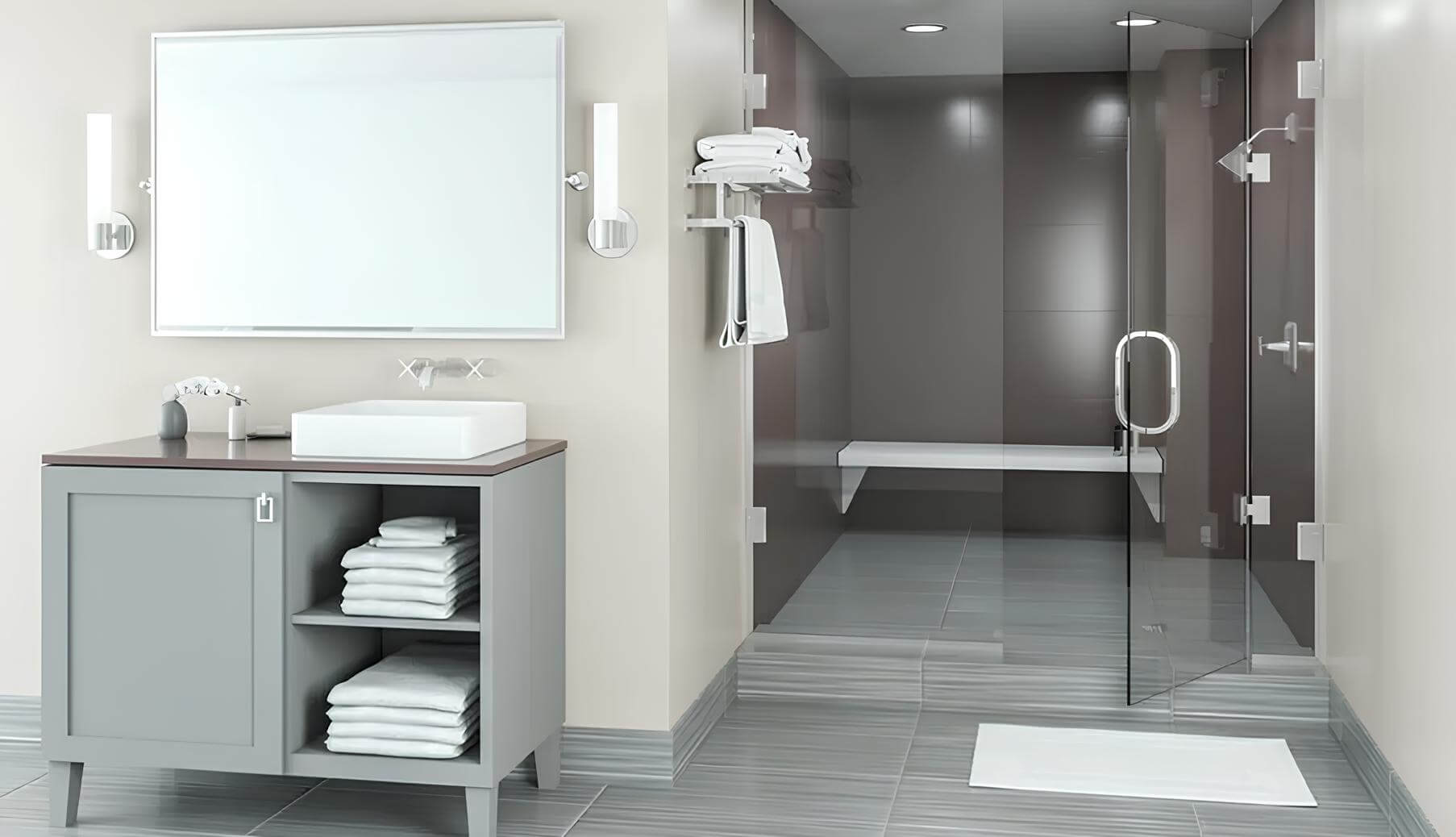 Modern bathroom with glass shower enclosure.