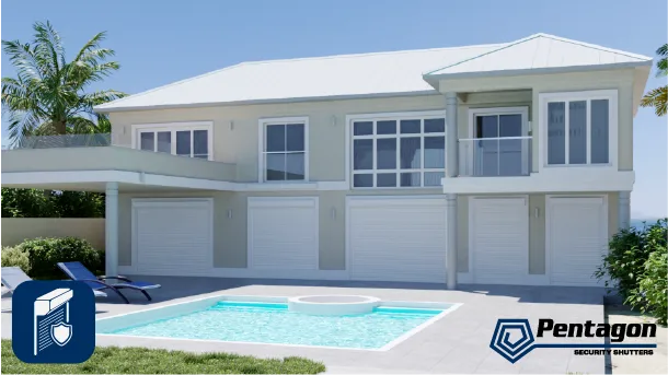 Patio view with loungers and rolling shutters.