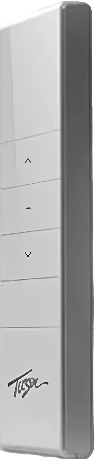 White wall-mounted remote control for motorized blinds with up and down arrow buttons.
