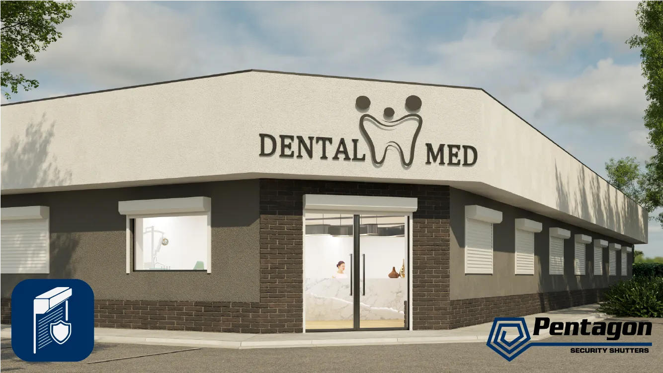 Corner view of Dental Med building with a person behind the glass entrance door and Pentagon logo.