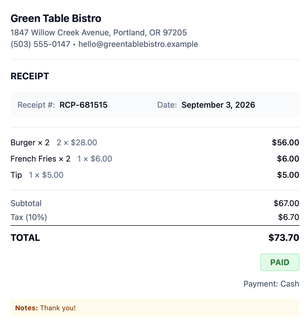 Restaurant receipt example