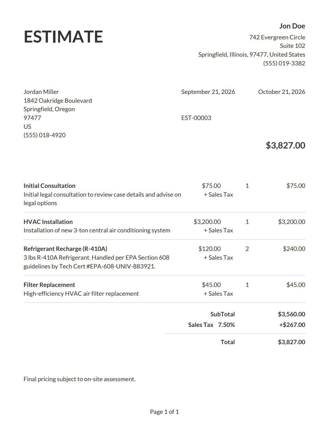 Estimate example