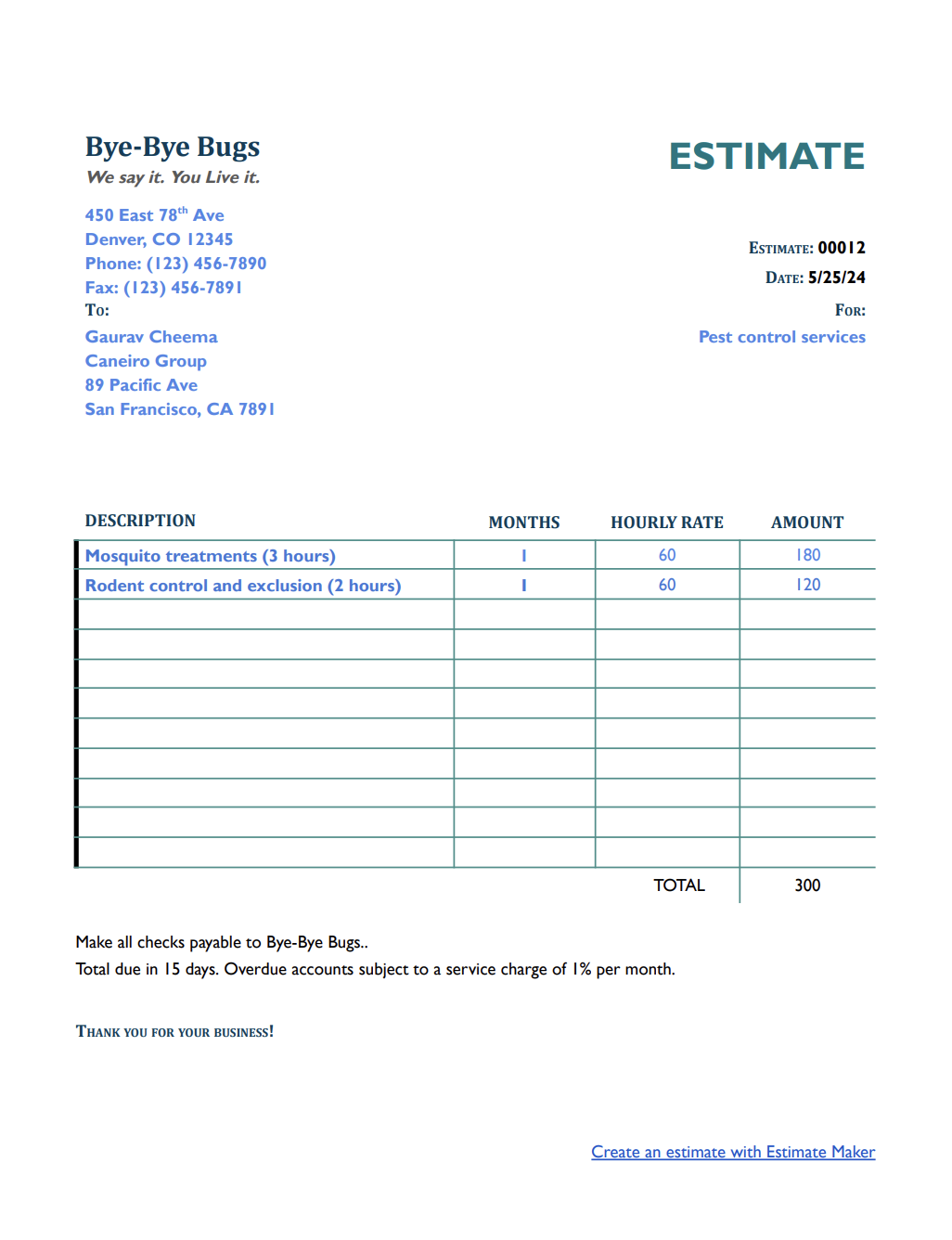 Google Docs Estimate Template Example