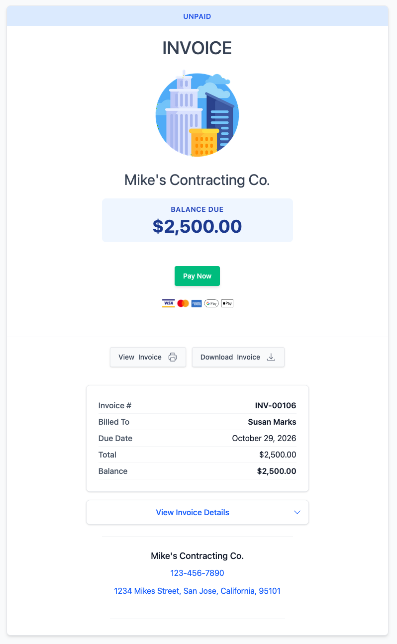 Invoicer.ai invoice with Pay Now button for online card and digital wallet payments.