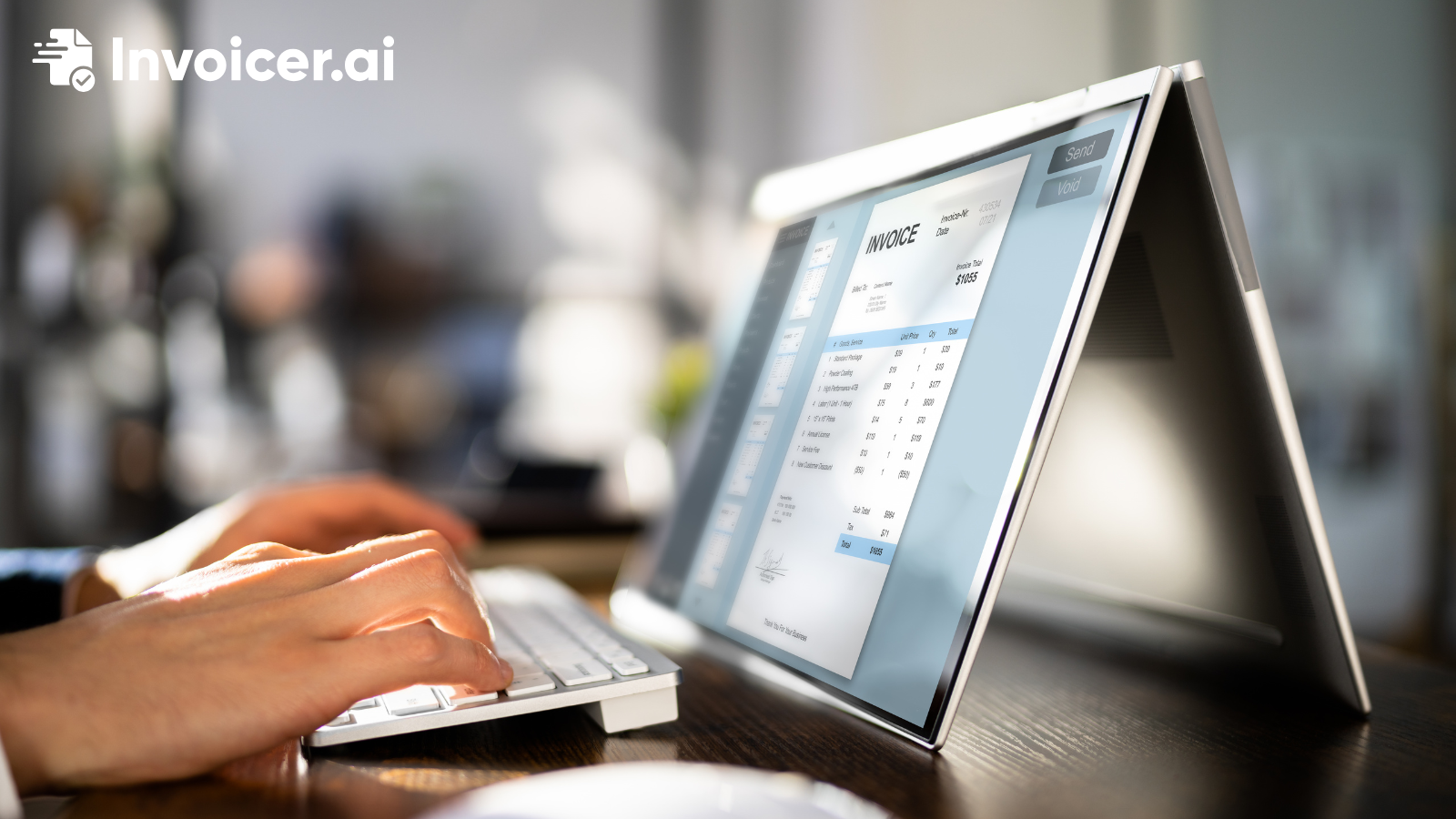 A person filling in an invoice with a calculator in the foreground