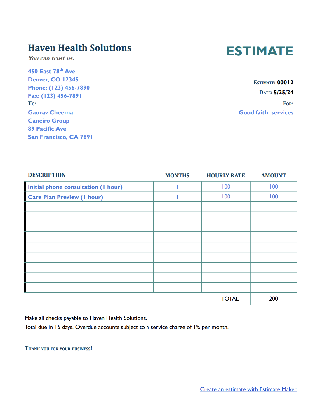 Free good faith estimate template