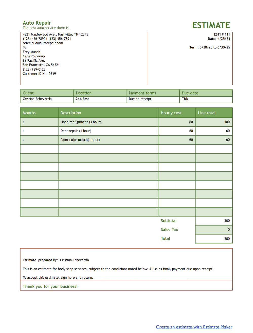 Free body shop estimate template