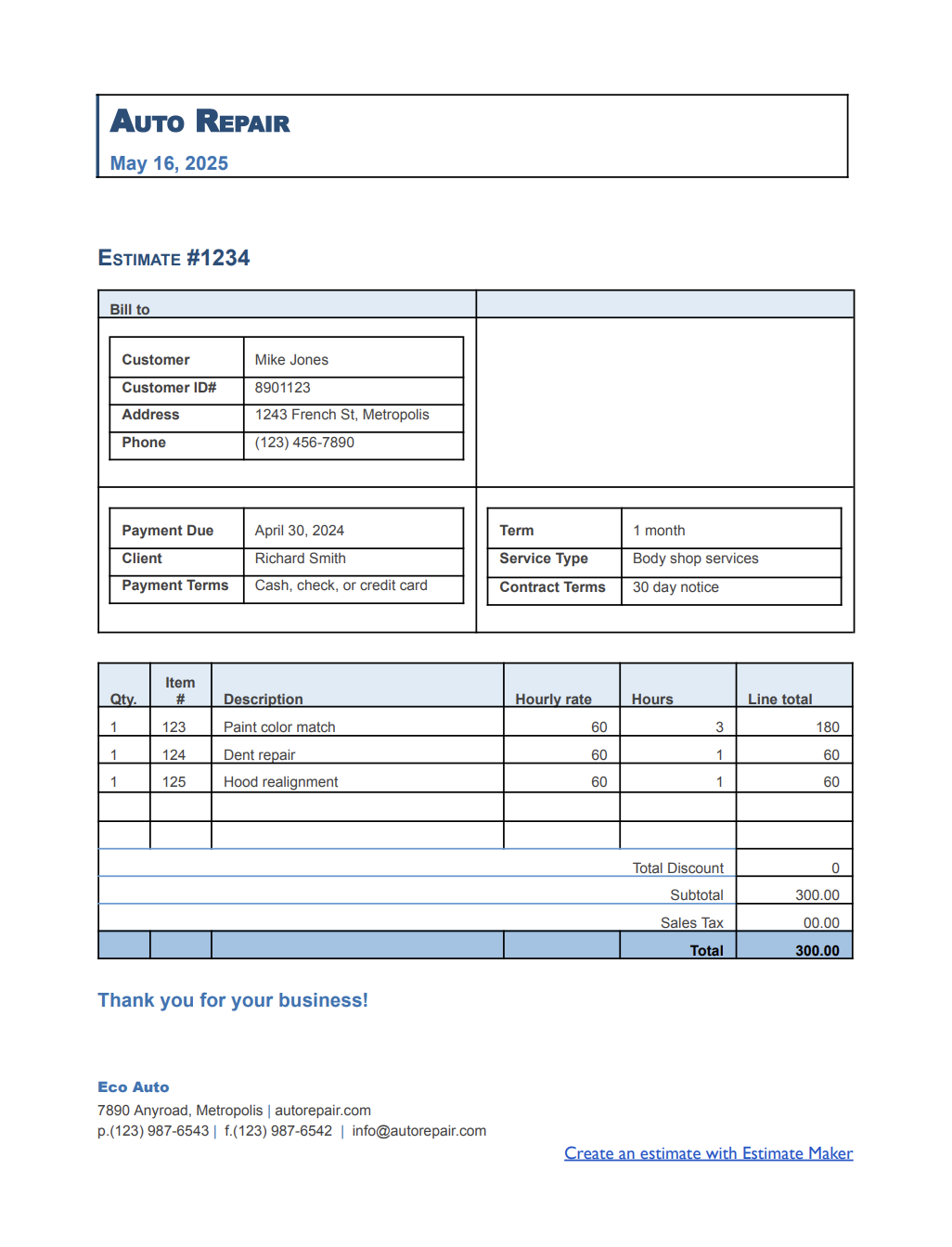 Free body shop estimate template