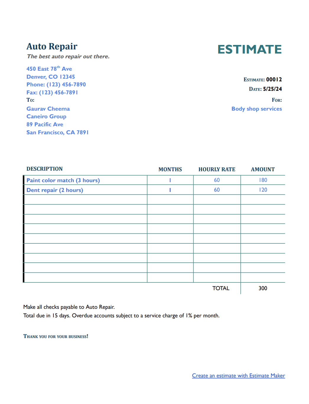 Free body shop estimate template