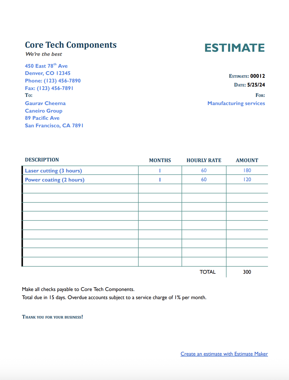 Free manufactoring estimate template