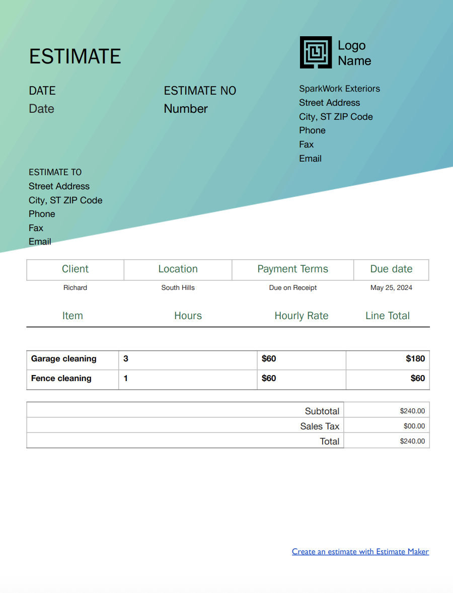 Free pressure washing estimate template