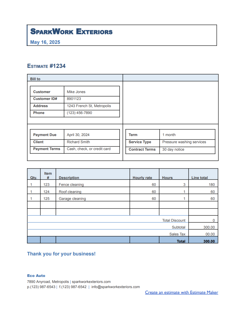 Free pressure washing estimate template
