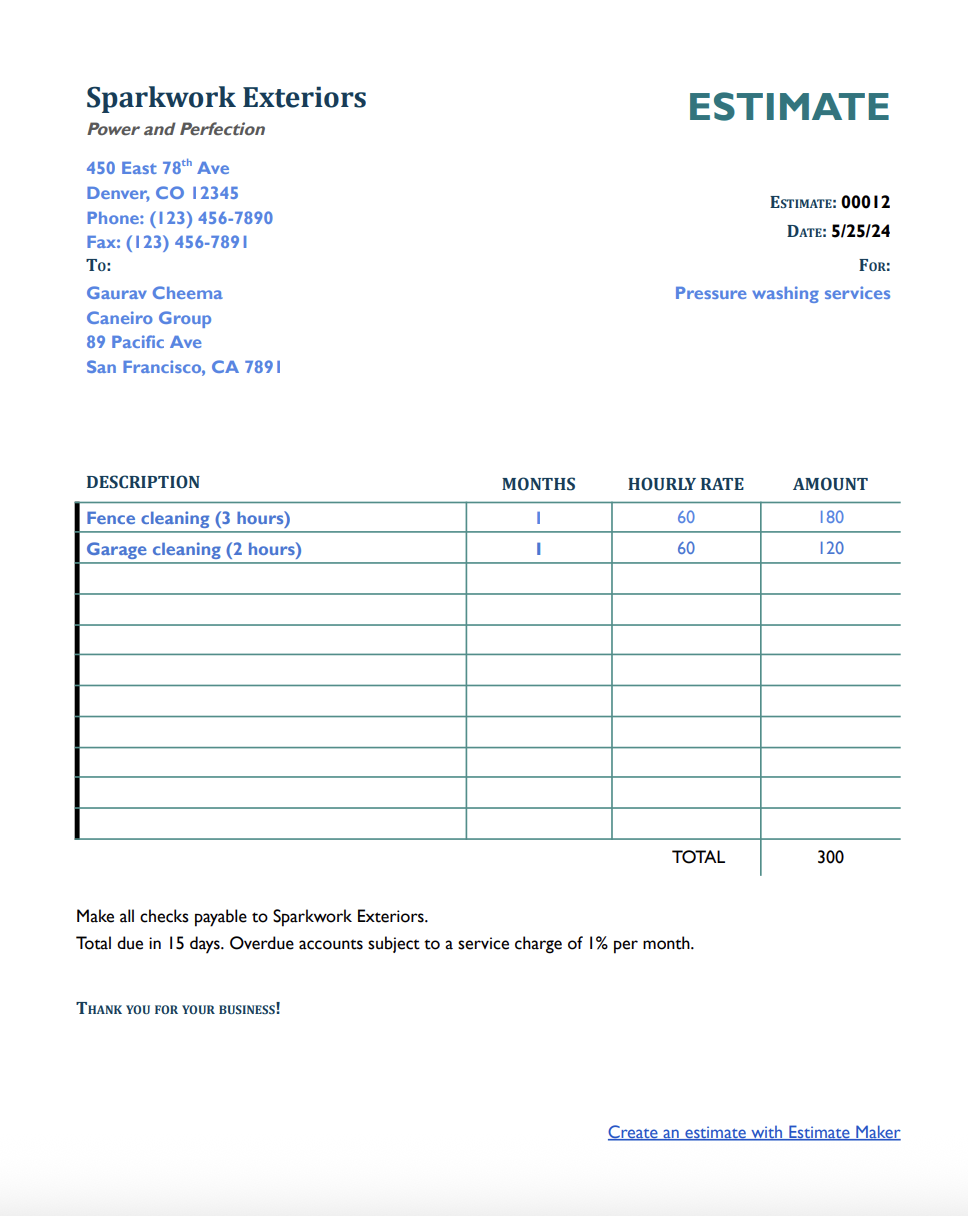 Free pressure washing estimate template