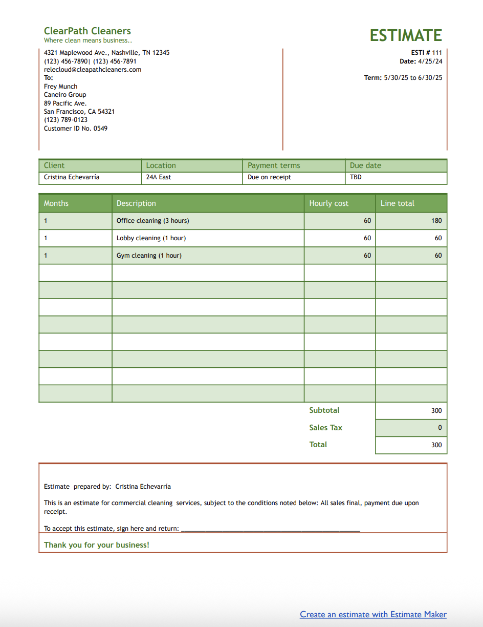 Free commercial cleaning estimate template