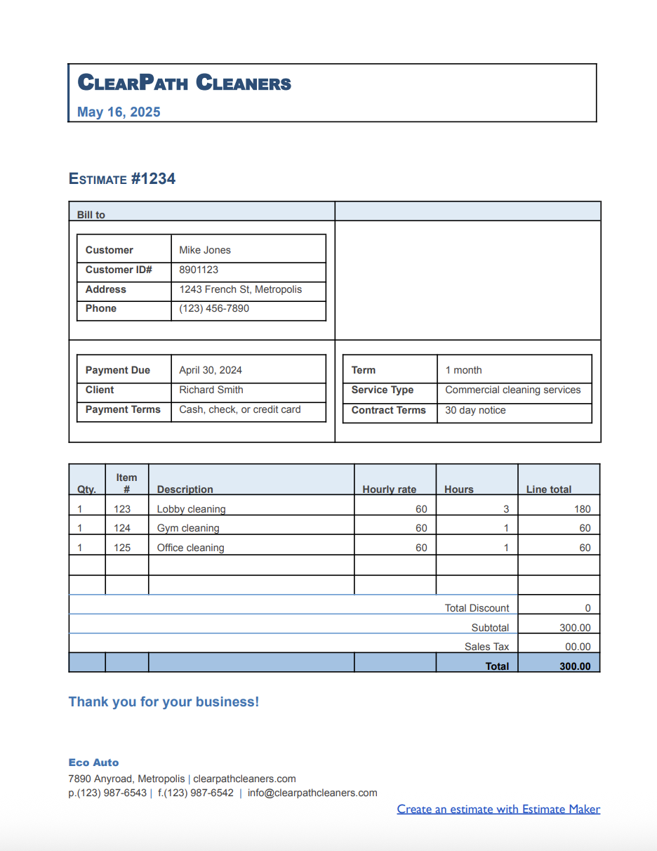 Free commercial cleaning estimate template