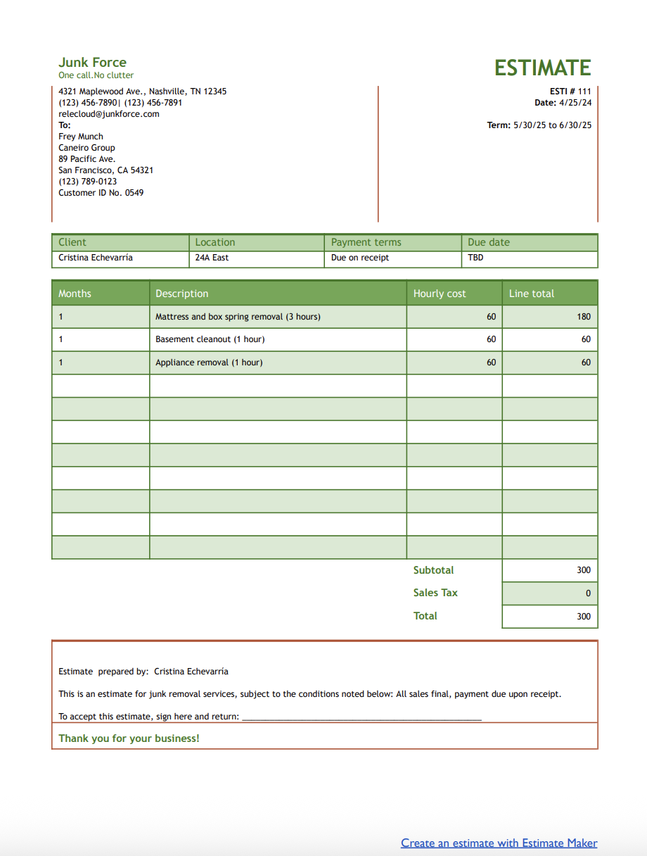 Free junk removal estimate template