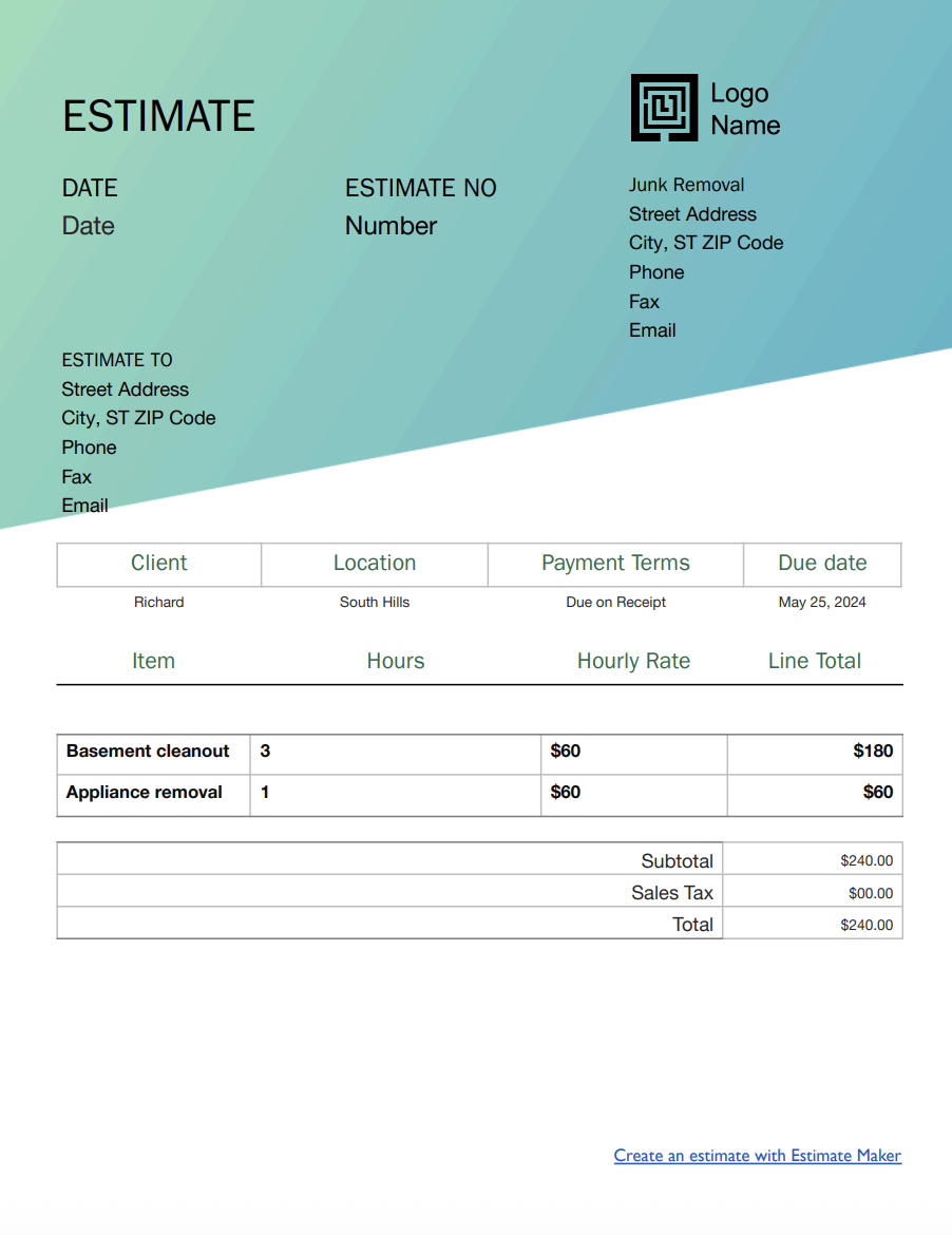 Free junk removal estimate template