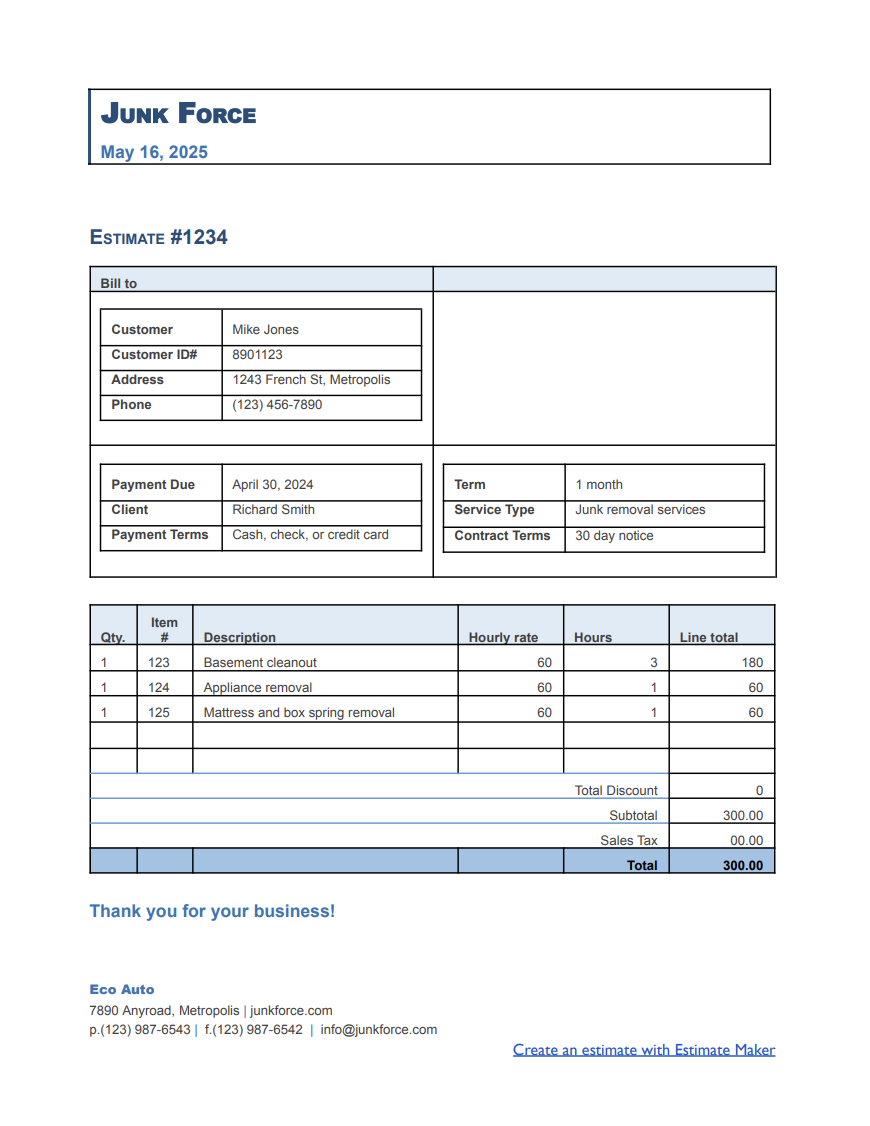 Free junk removal estimate template
