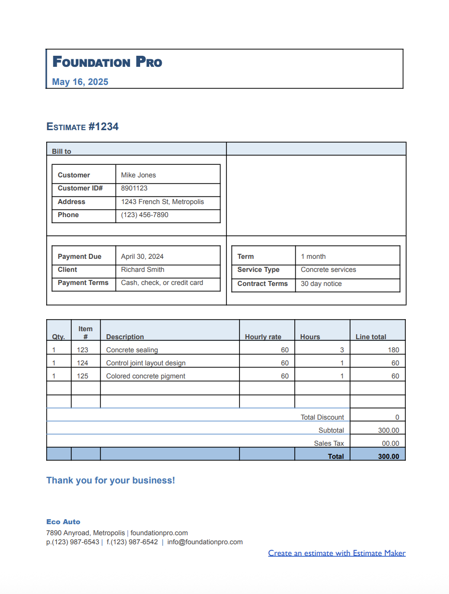 Free concrete estimate template