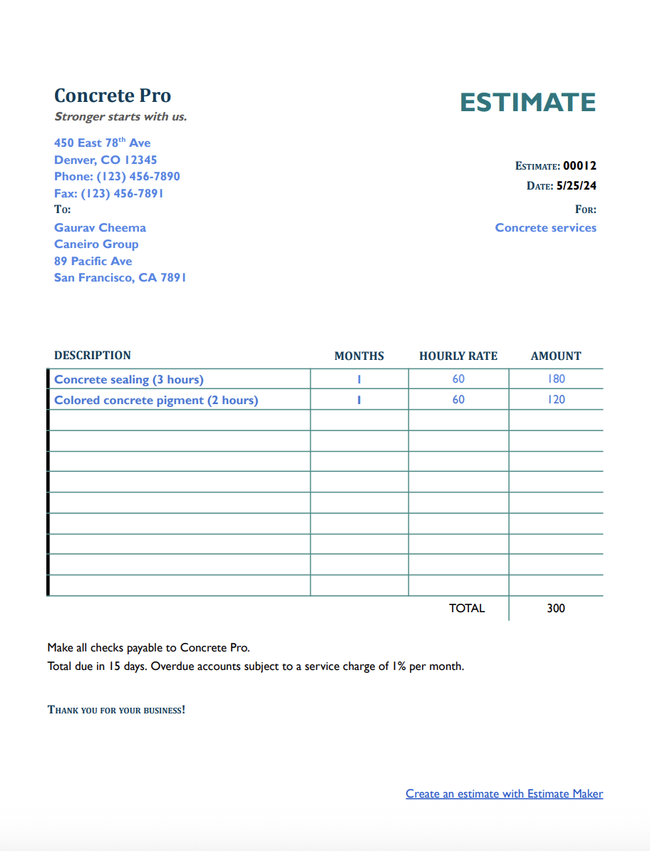 Free concrete estimate template