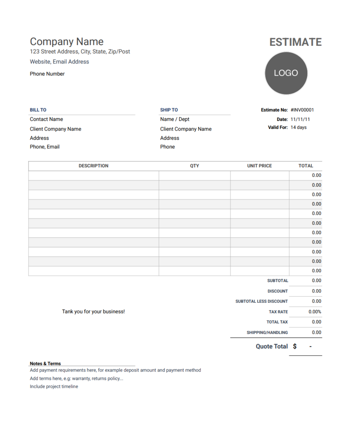 Excel Estimate Template