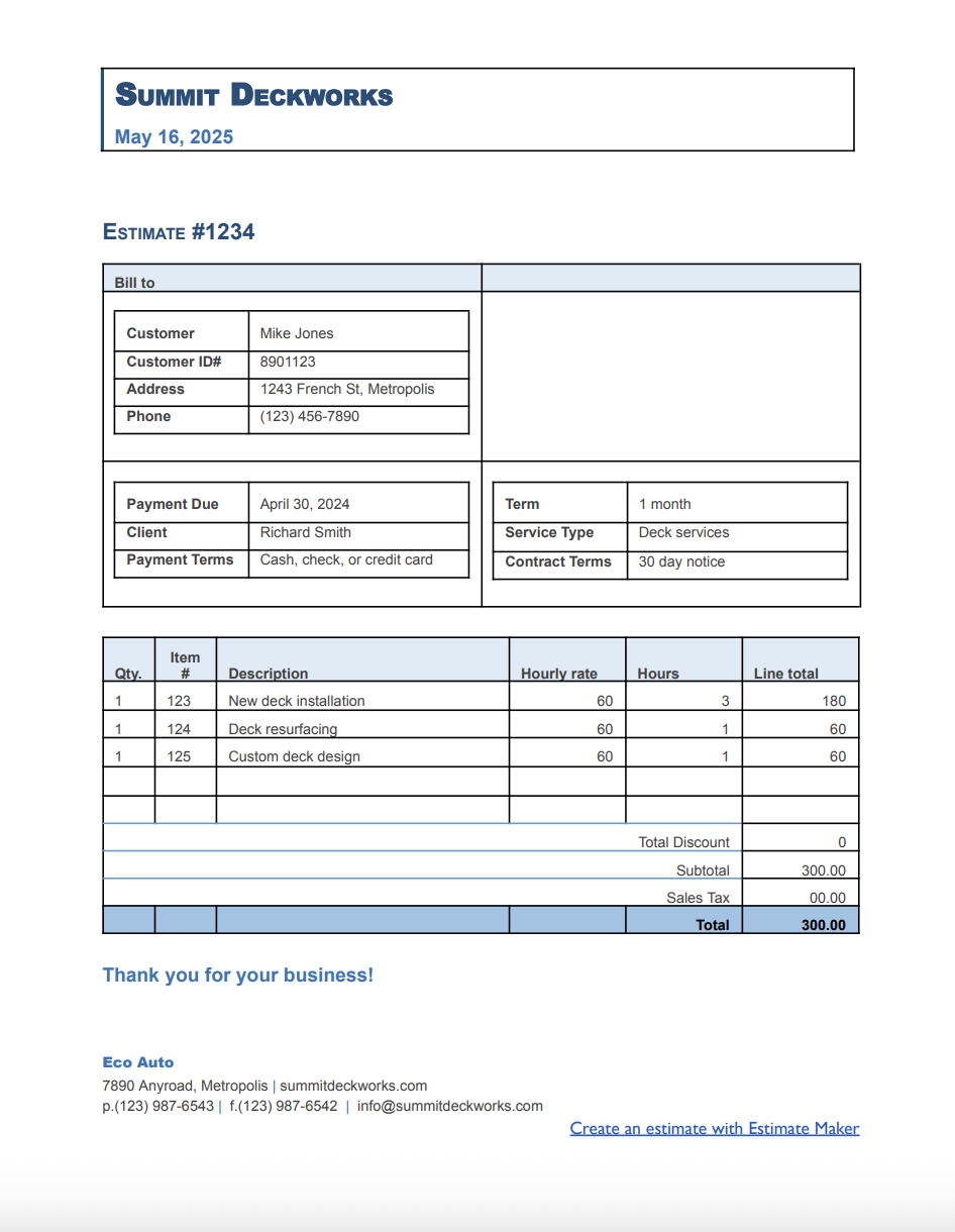 Free deck estimate template