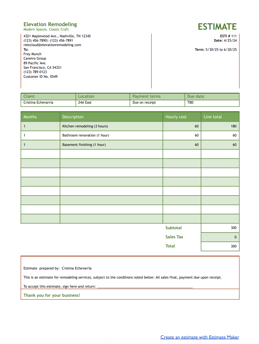 Free remodeling estimate template