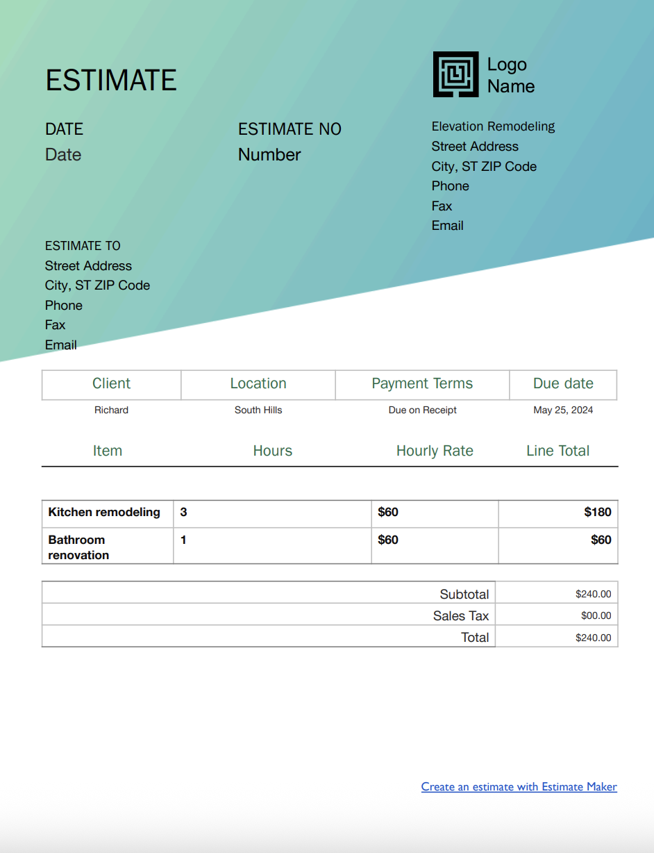 Free remodeling estimate template