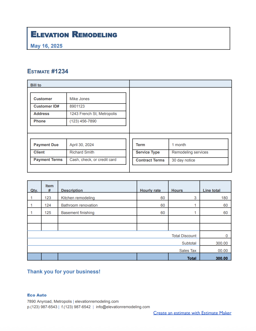 Free remodeling estimate template