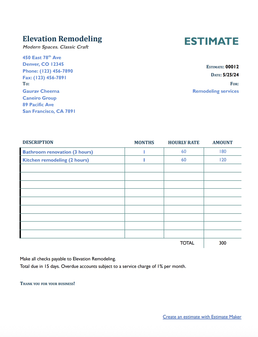 Free remodeling estimate template
