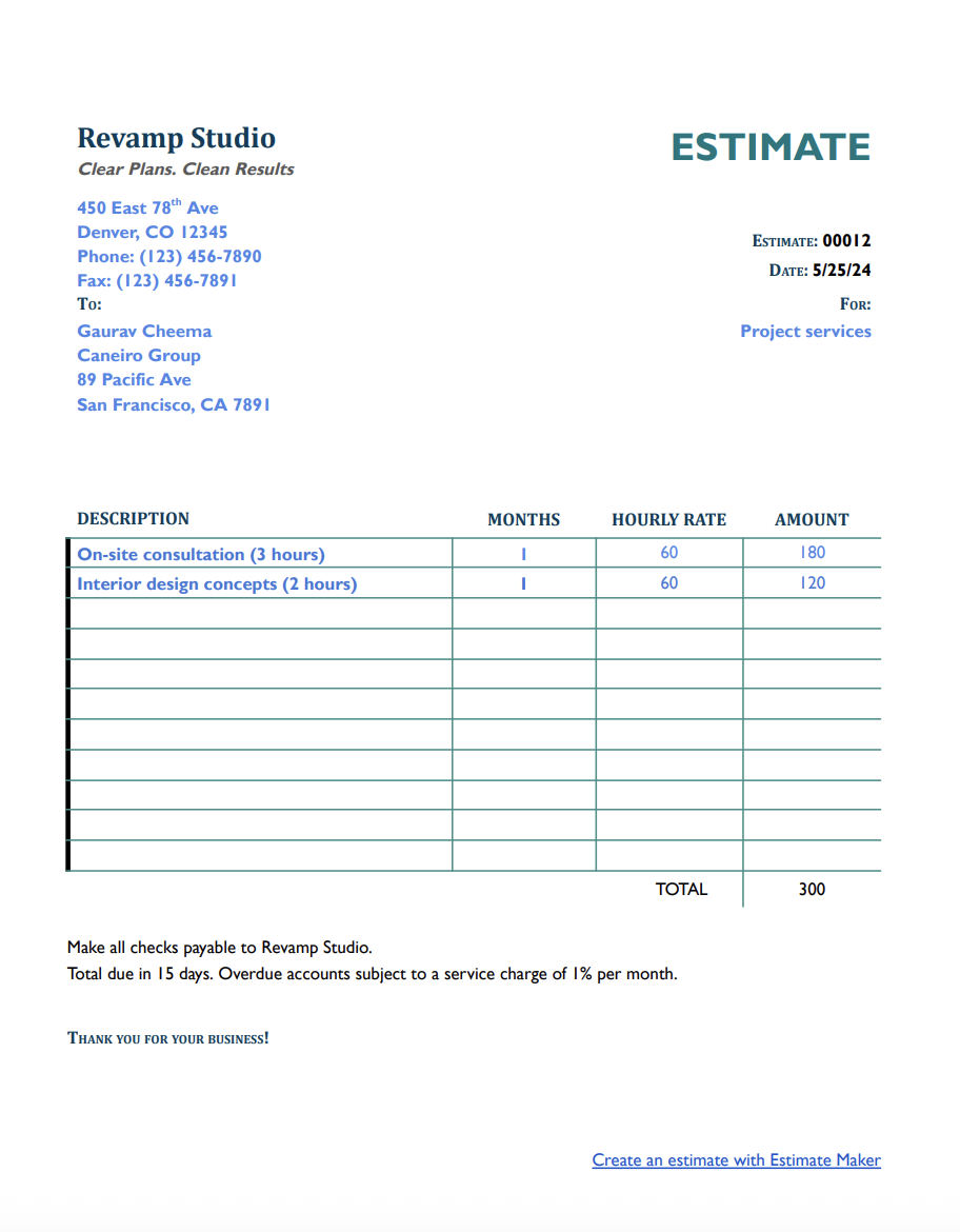 Free project estimate template