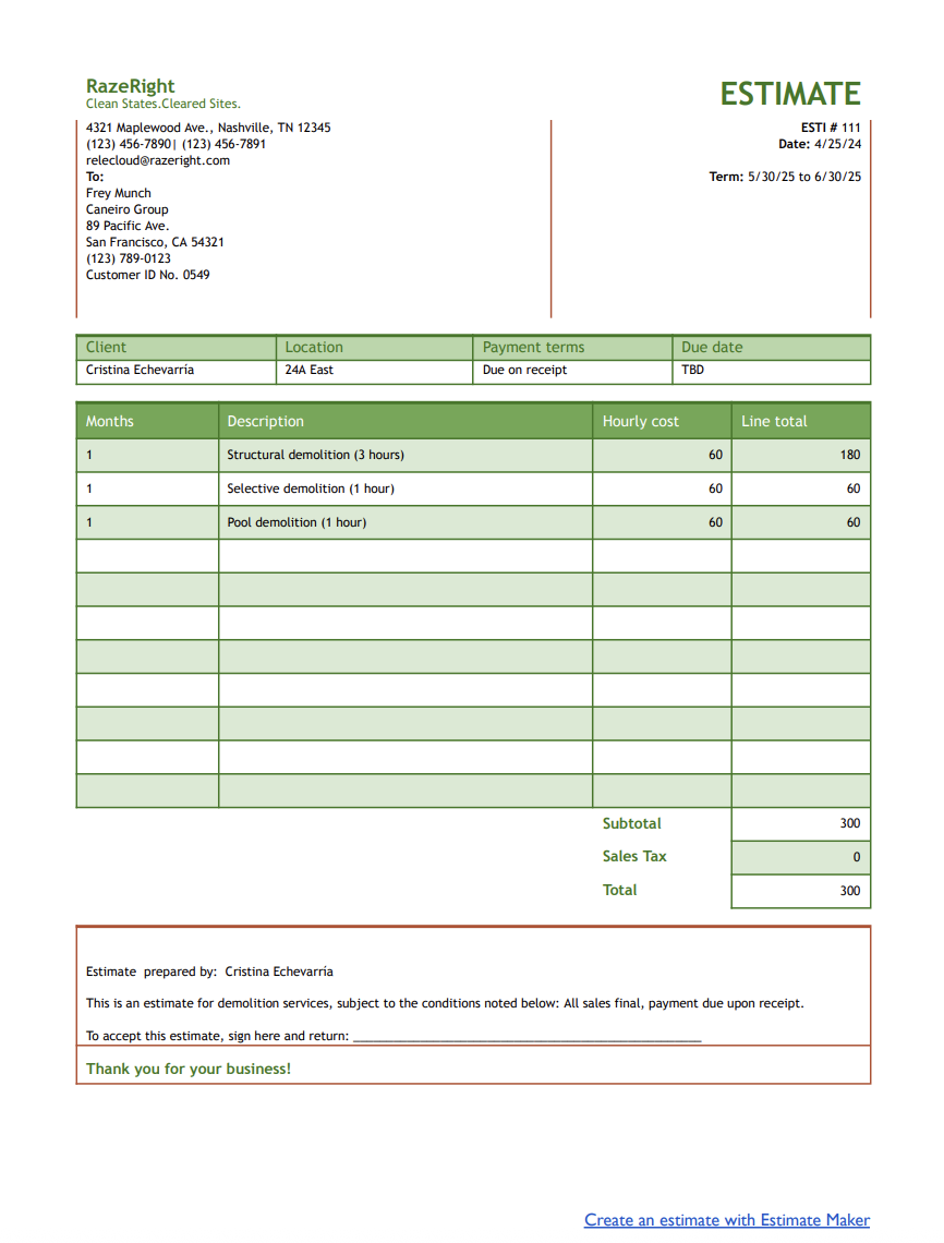 Free demolition estimate template