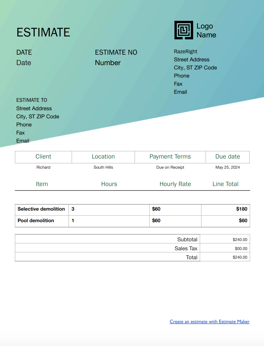 Free demolition estimate template