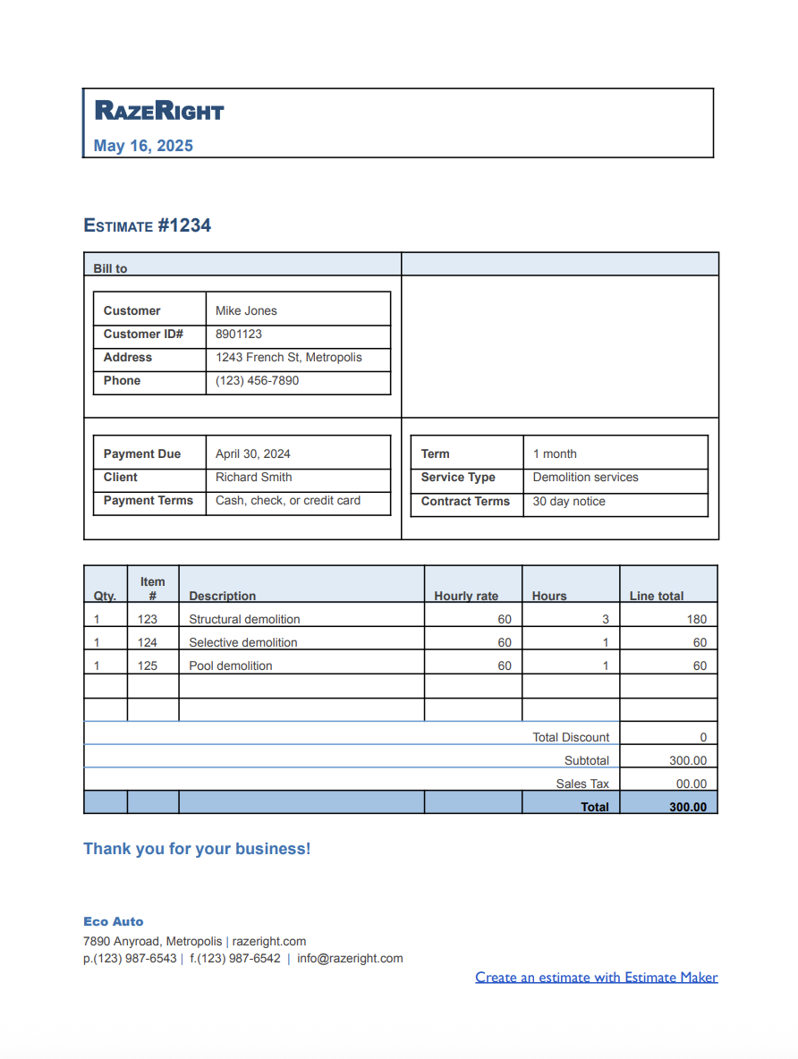 Free demolition estimate template