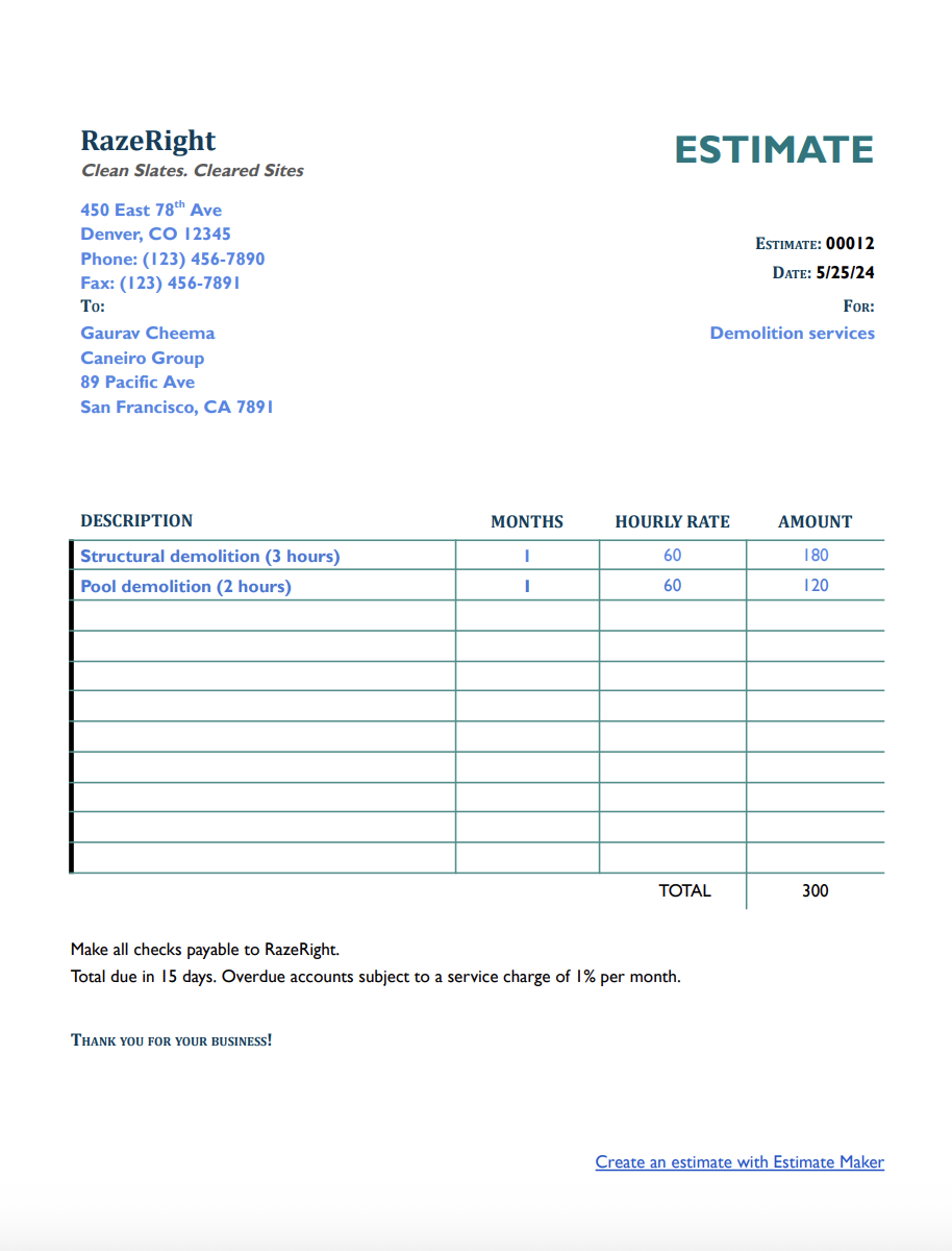 Free demolition estimate template